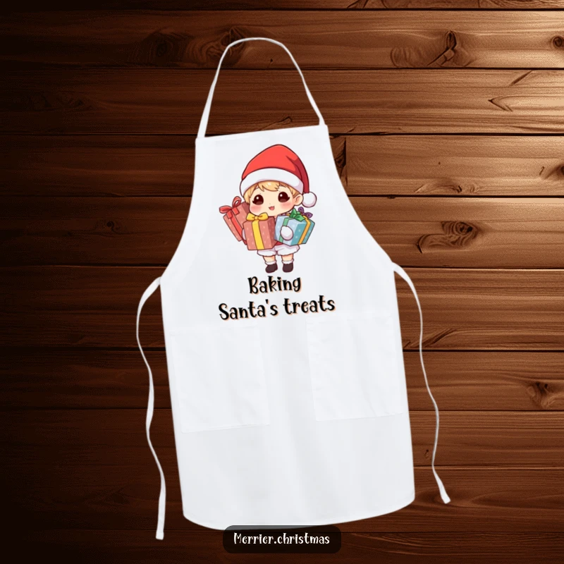 Funny apron showcasing a character wearing a Santa hat and holding brightly wrapped gifts, perfect for festive cooking and baking.