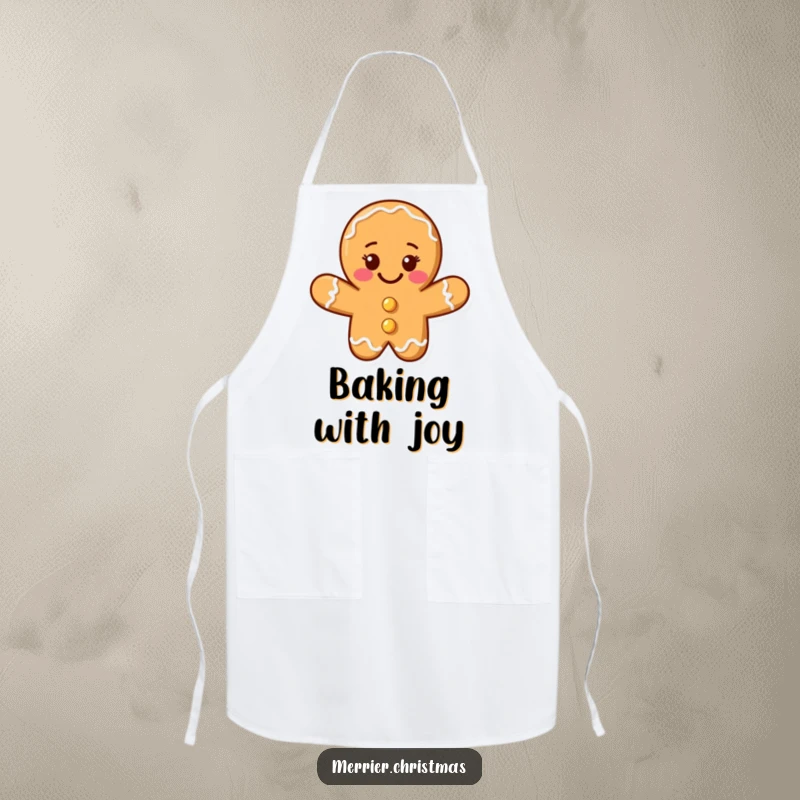 Funny gingerbread cookie man apron with a beaming smile, perfect for holiday baking and as a funny gift.