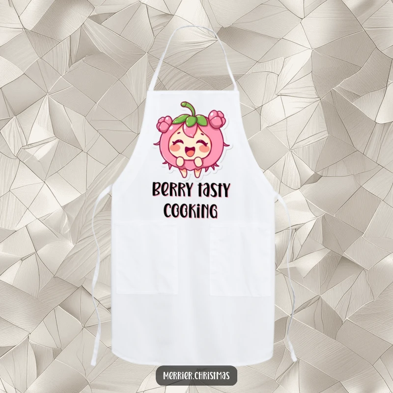 Funny holly berry character giggling with excitement, showcased on a festive holiday apron.