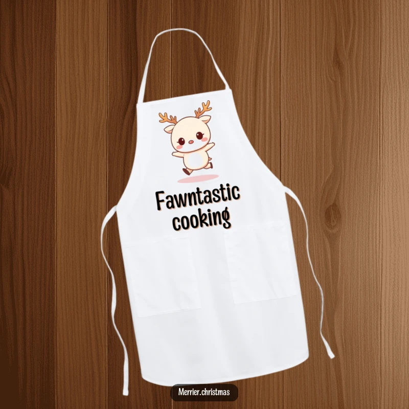 Funny Apron showing a kawaii character wearing reindeer antlers and doing a cheerful skip, ready for holiday kitchen fun.