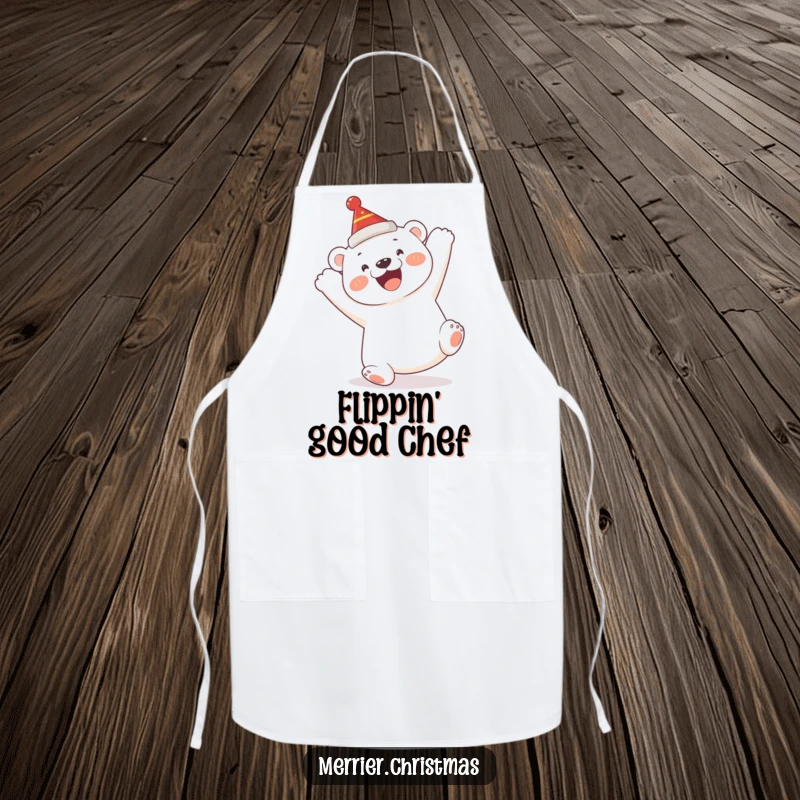 Funny Polar Bear Cub Apron: a cute cub humorously doing a somersault, wearing a festive hat, for cooking.