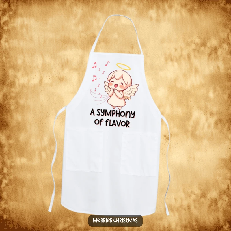 Funny kawaii angel apron, a singing angel with a joyful expression and music notes, perfect for humorous and peaceful kitchen use.