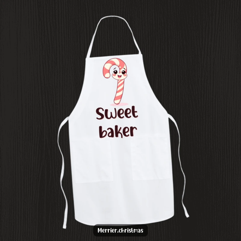Funny candy cane apron, cheerfully spinning, perfect for holiday baking and as a funny gift.