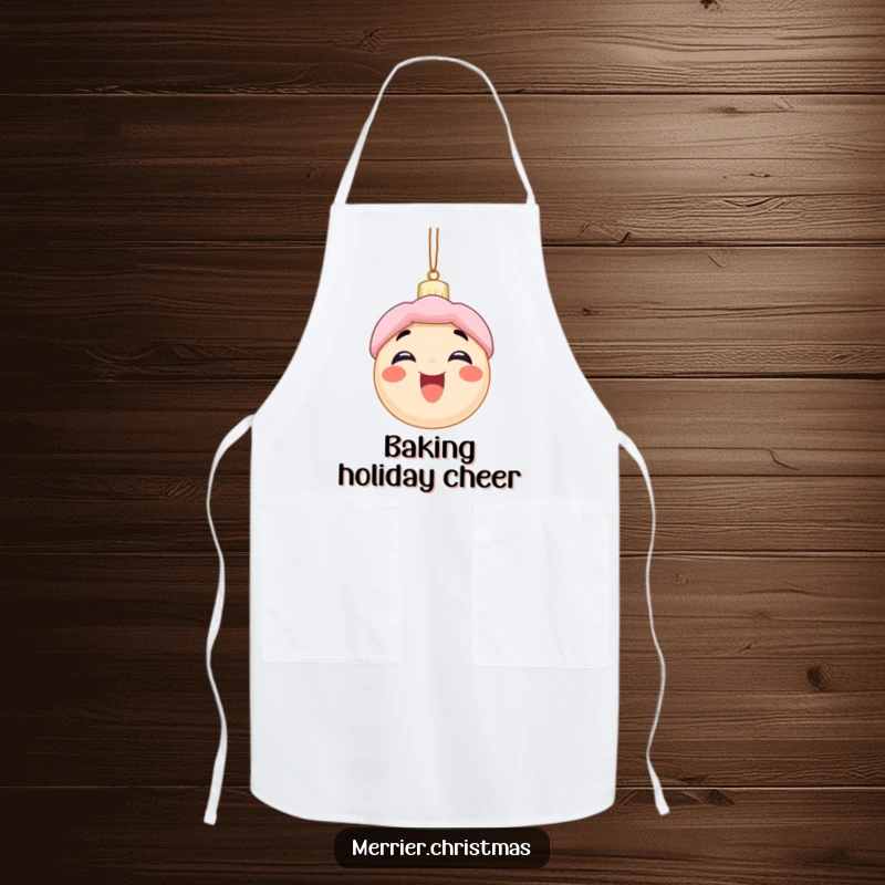 Funny apron depicting an excited Christmas ornament character with a wide smile, ideal for humorous holiday baking and kitchen protection.