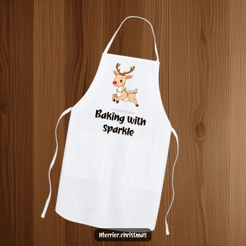 Funny apron featuring a joyful reindeer prancing with antlers lit up by Christmas lights, designed for festive kitchen activities.