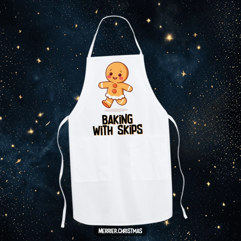 Funny apron depicting a gingerbread person with icing buttons, happily skipping, designed for festive baking and kitchen fun.