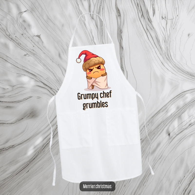 Funny apron featuring a grumpy, oversized acorn wearing a tiny Santa hat, struggling to wrap itself alone in shiny holiday paper.