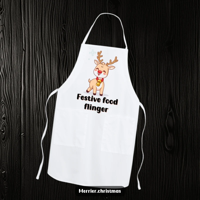Funny Jingle Bell Reindeer Apron: a cute reindeer humorously tossing a snowflake, wearing a jingle bell collar, for cooking.