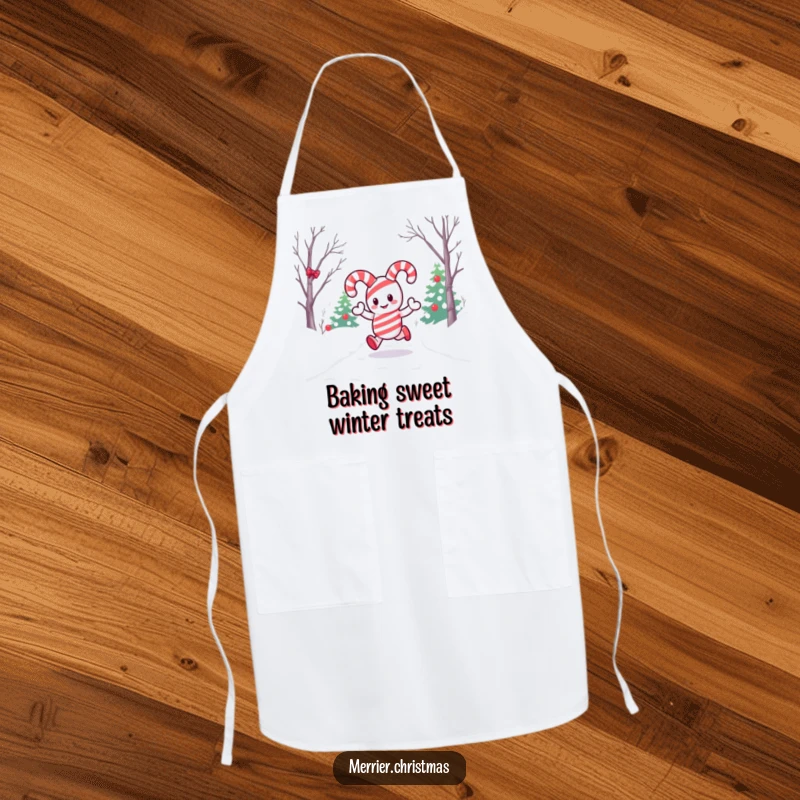 Funny apron showcasing a kawaii candy cane character merrily traveling down a snowy path, perfect for holiday baking and kitchen activities.