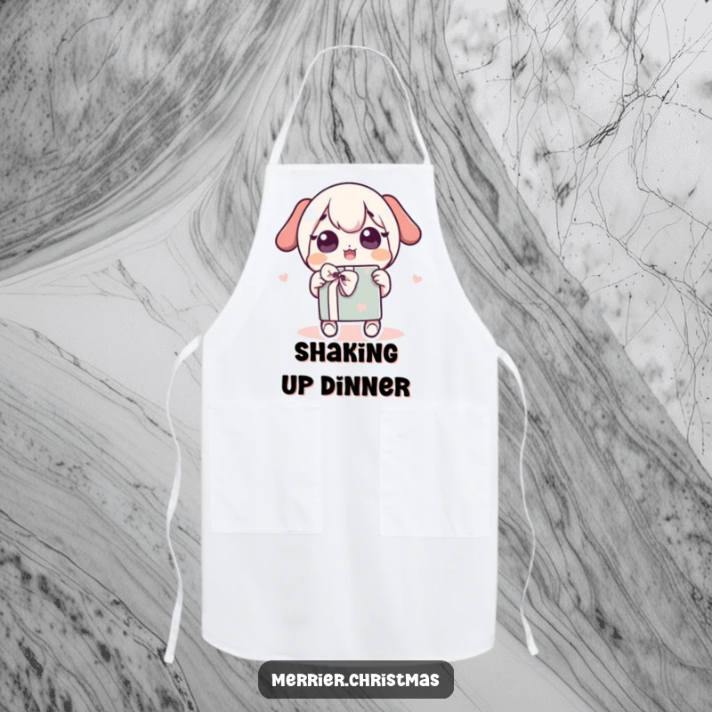 Funny Apron showing a kawaii character excitedly shaking a wrapped gift, eyes wide, ready to celebrate in the kitchen.