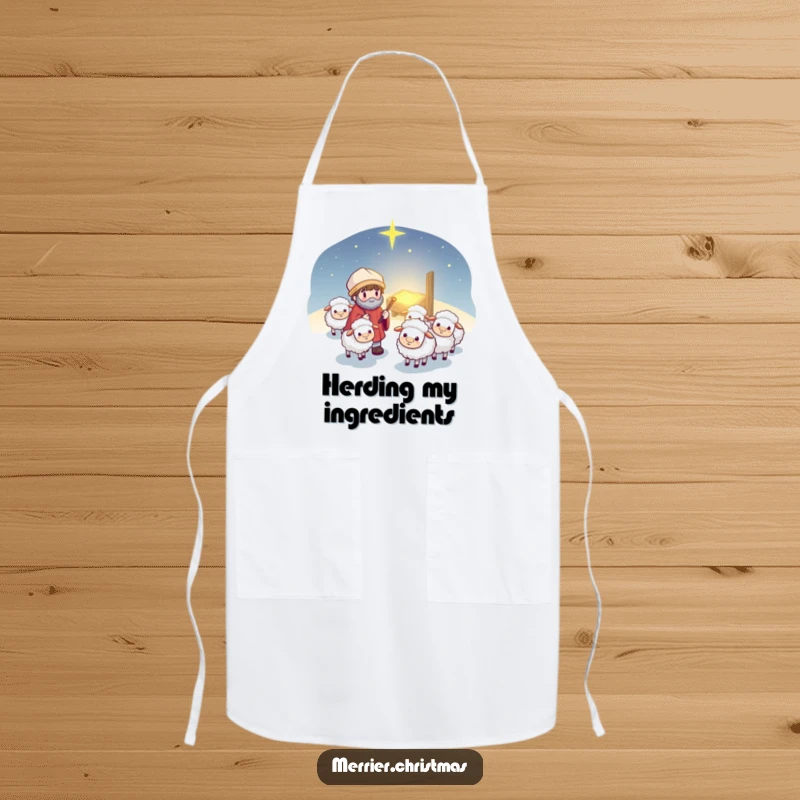 Funny Kawaii Shepherd Apron: Cute cartoon shepherd guiding fluffy sheep, perfect for protecting clothes with a smile during cooking.