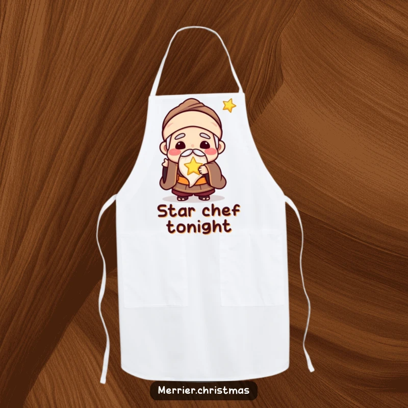 Funny apron with a kawaii wise man character joyfully offering a tiny, glowing star, ready for kitchen enlightenment.