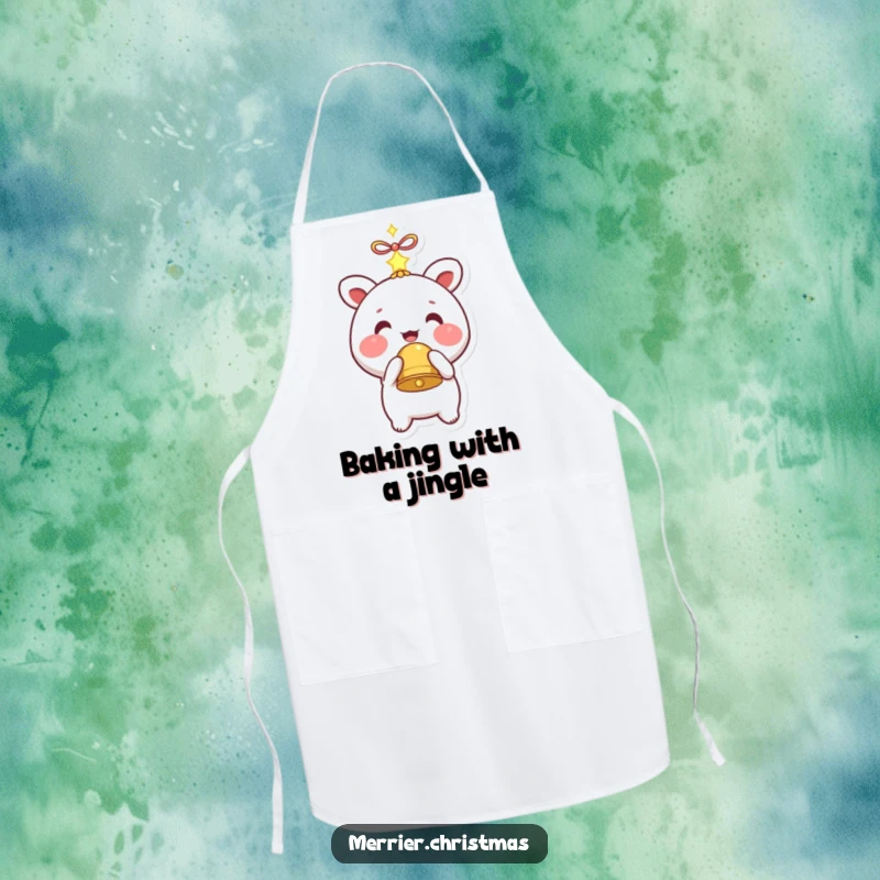 Funny apron graphic of a kawaii character with rosy cheeks holding a sparkling bell, perfect for kitchen use.