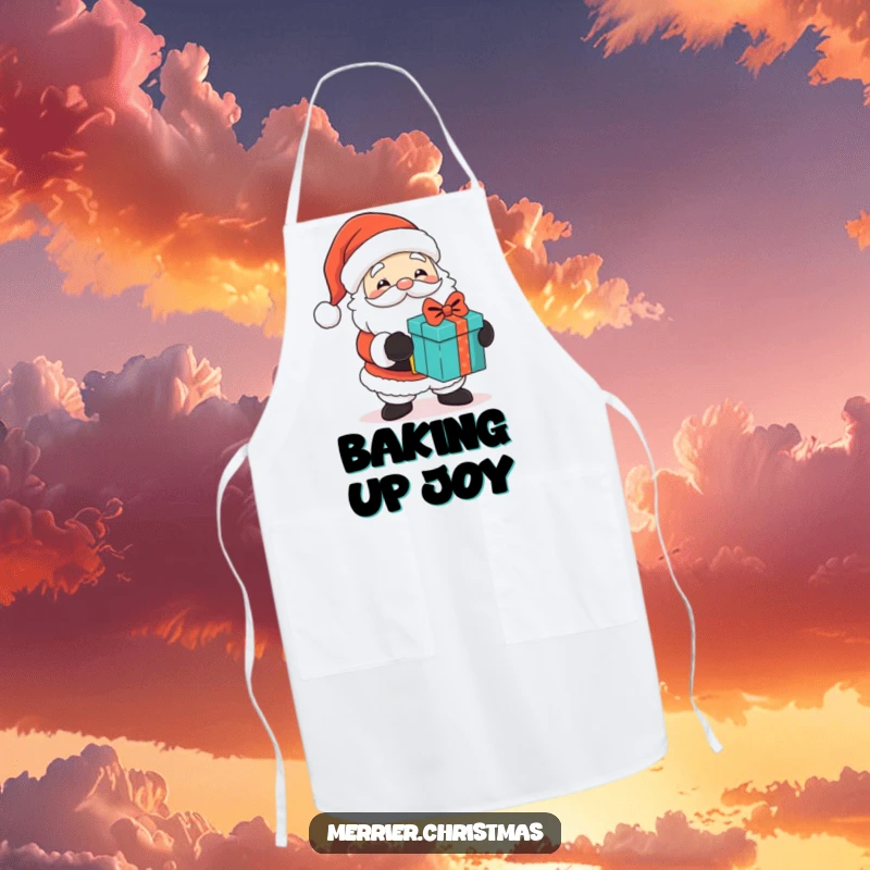 Funny apron featuring a cute Santa Claus character with a wink, handing out gifts, perfect for adding Christmas humor to cooking.