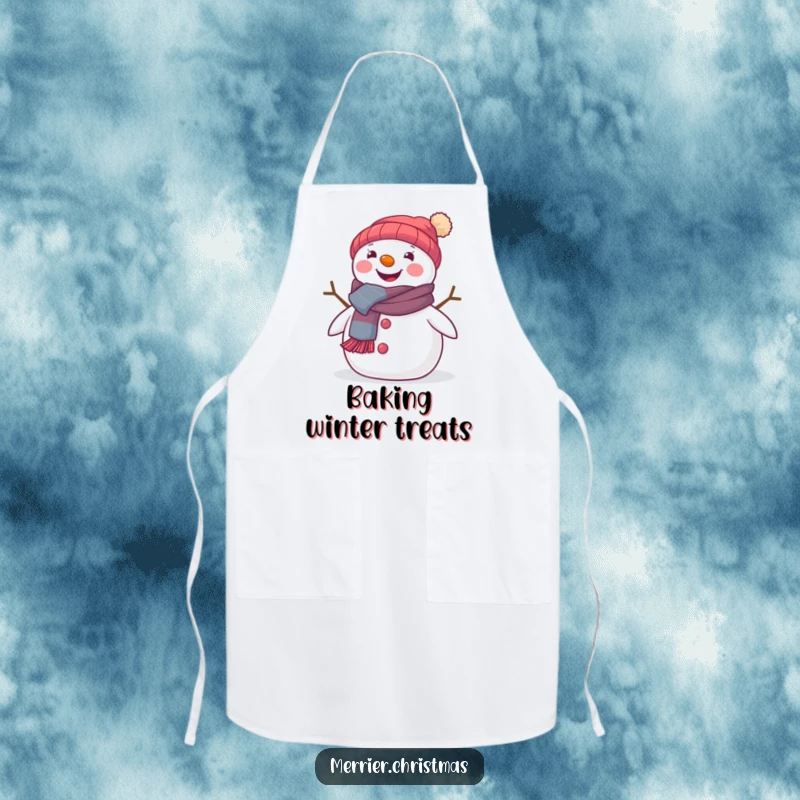 Funny apron with a cute snowman wearing a festive scarf, beaming happily, perfect for cheerful kitchen activities.