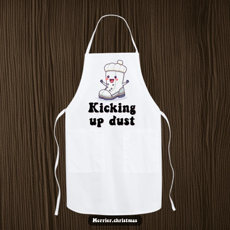Funny winter boot character doing a happy stomp, showcased on a festive winter apron for kitchen fun.