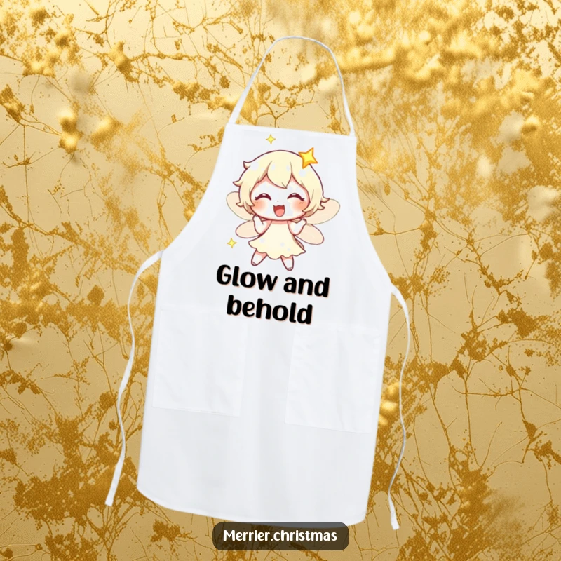 Funny fairy light character twinkling with exaggerated delight, showcased on a charming apron for kitchen fun.