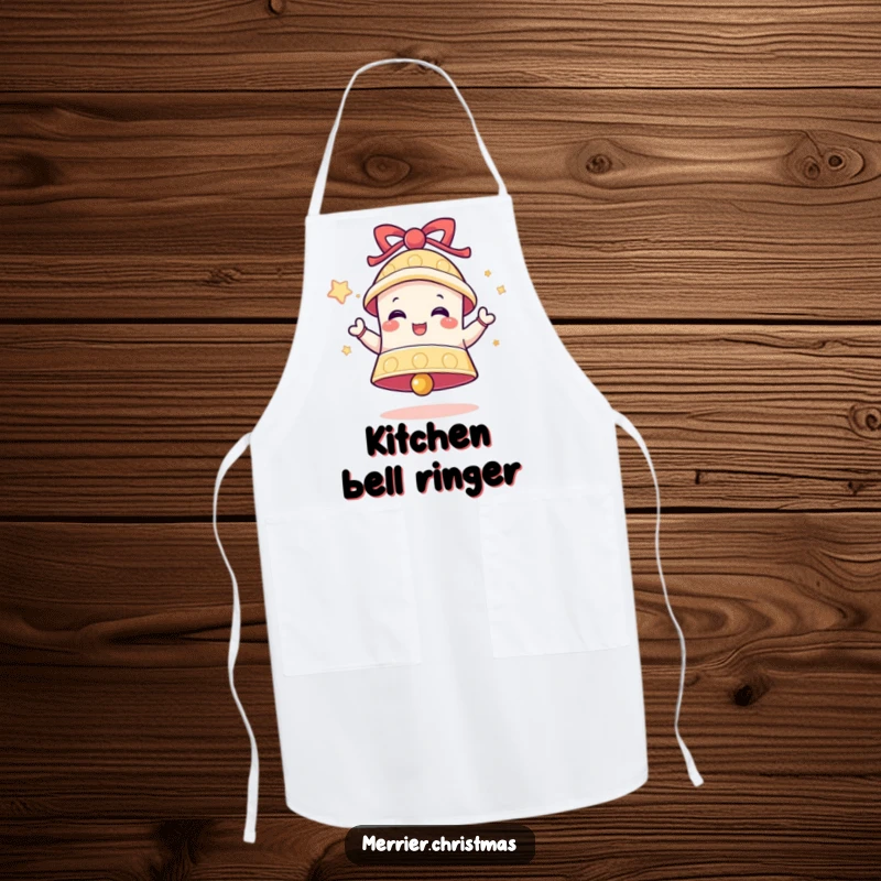 Funny Bell Apron showing a ringing bell character expressing delight, bringing festive fun and humor to cooking.