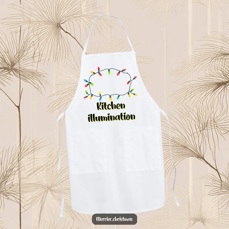 Funny Christmas lights apron with a cheerful pattern, glowing brightly, perfect for holiday cooking and as a funny gift.