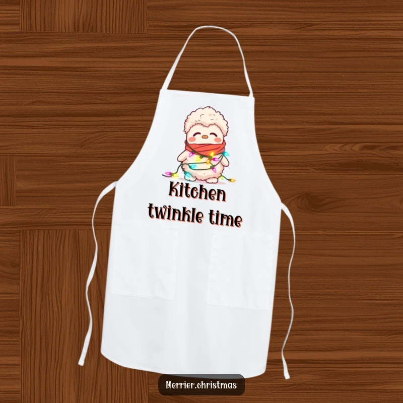 Funny apron featuring a confused, fuzzy slipper attempting to wear a string of blinking Christmas lights as a scarf.
