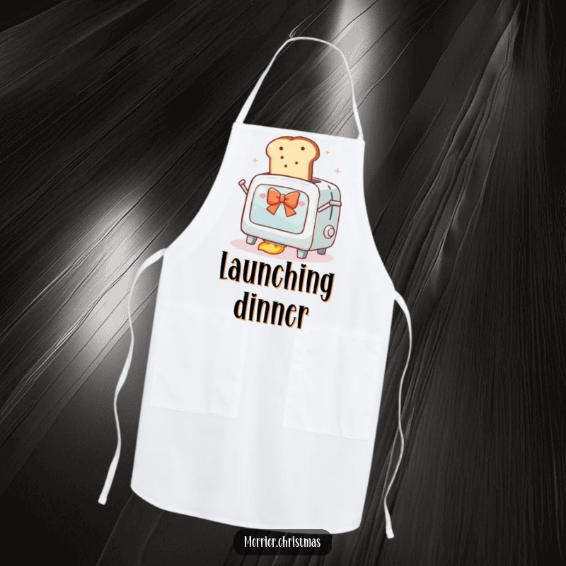 Funny apron featuring an overly enthusiastic toaster oven attempting to launch a slice of bread with a festive bow into orbit.
