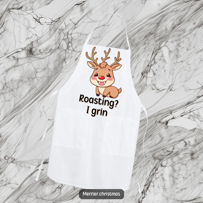 Funny Reindeer Apron featuring a character with a huge, goofy grin and rosy cheeks, perfect for festive cooking and kitchen fun.