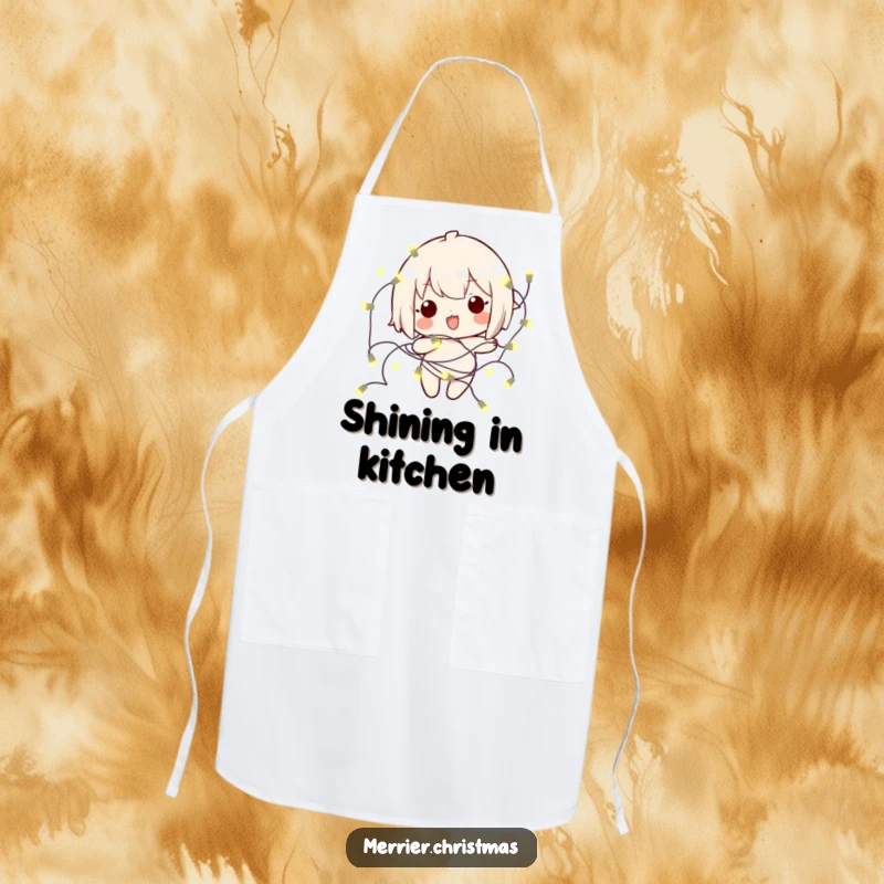 Funny kawaii character playfully tangled in glowing holiday lights, adorning a humorous and functional apron.