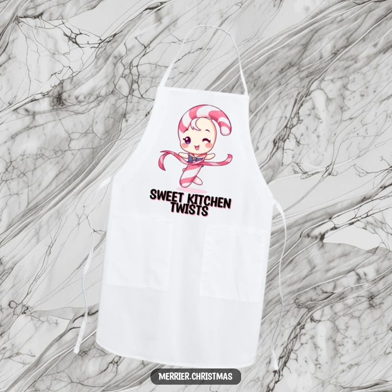 Funny apron depicting a candy cane character playfully twirling a ribbon, designed for festive baking and kitchen fun.