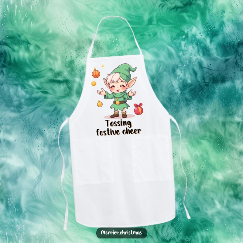 Funny apron depicting a happy elf character juggling shiny Christmas ornaments, ready to add merriment to any culinary adventure.