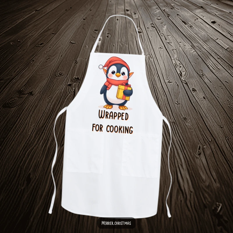 Funny elf penguin apron, dressed as a cute elf, holding a holiday gift, ideal for festive baking and kitchen fun.
