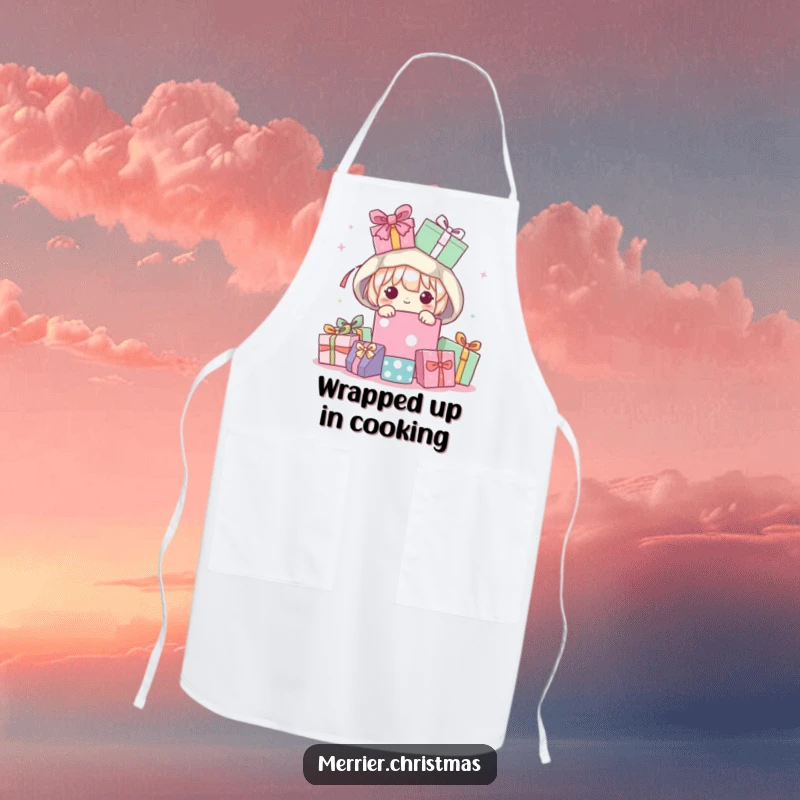 Funny Apron showing a kawaii character peeking from a heap of wrapped presents, ready to help in the kitchen with a smile.
