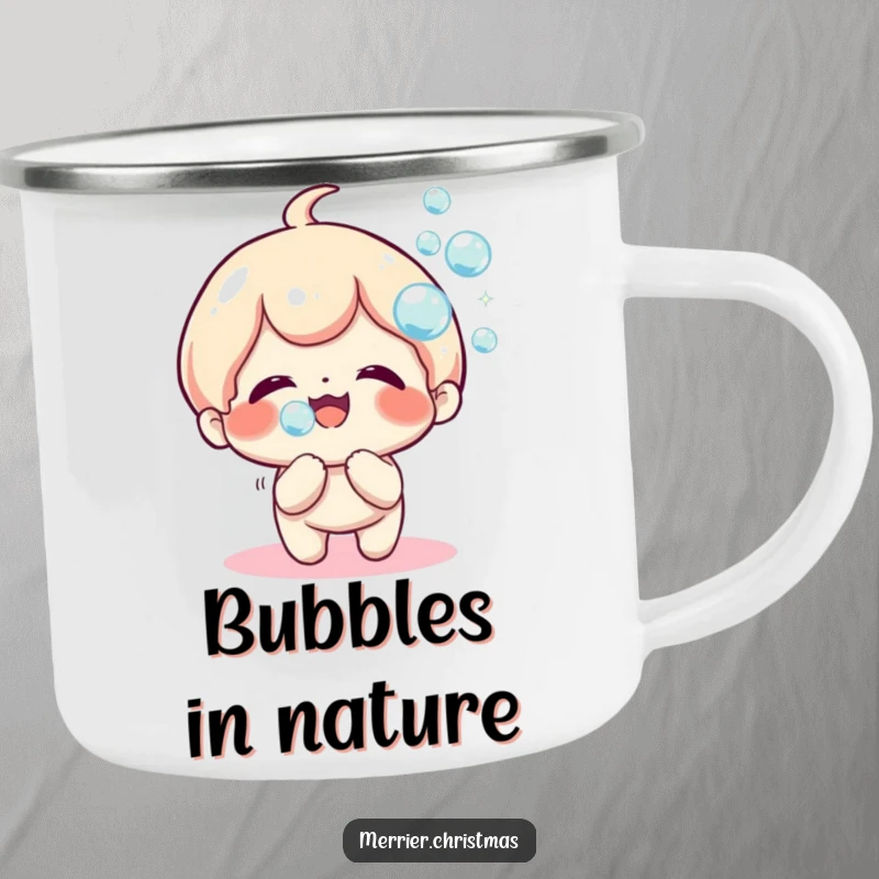 Funny Camping Mug featuring a kawaii character joyfully blowing a stream of sparkly bubbles, ready for outdoor enjoyment.