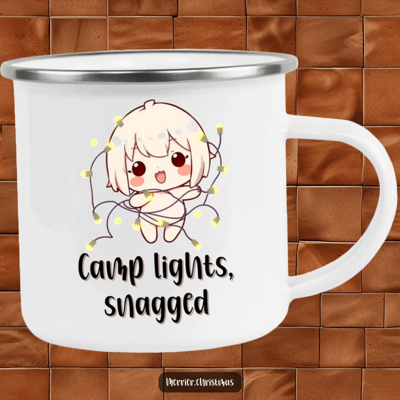 Funny kawaii character tangled in glowing holiday lights, designed for a humorous and cheerful camping mug experience.