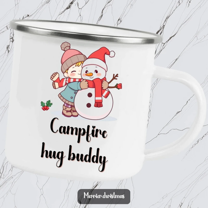 Funny kawaii character hugging a snowman, designed for a cheerful and humorous camping mug experience.