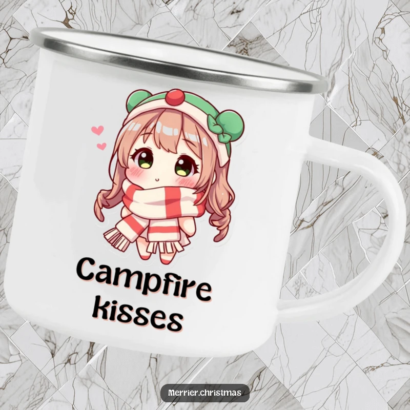 Funny Festive Scarf Kiss Camping Mug of a character in a scarf sending a kiss, bringing holiday cheer to outdoor activities.