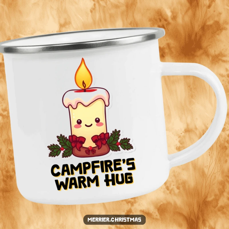 Funny Christmas candle camping mug, a character with a warm, smiling flame, perfect for cozy outdoor sips.