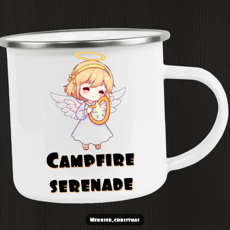 Funny Angel Harp Camping Mug featuring a character dressed as an angel, playing a tiny, radiant harp, ideal for outdoor use and heavenly peace.