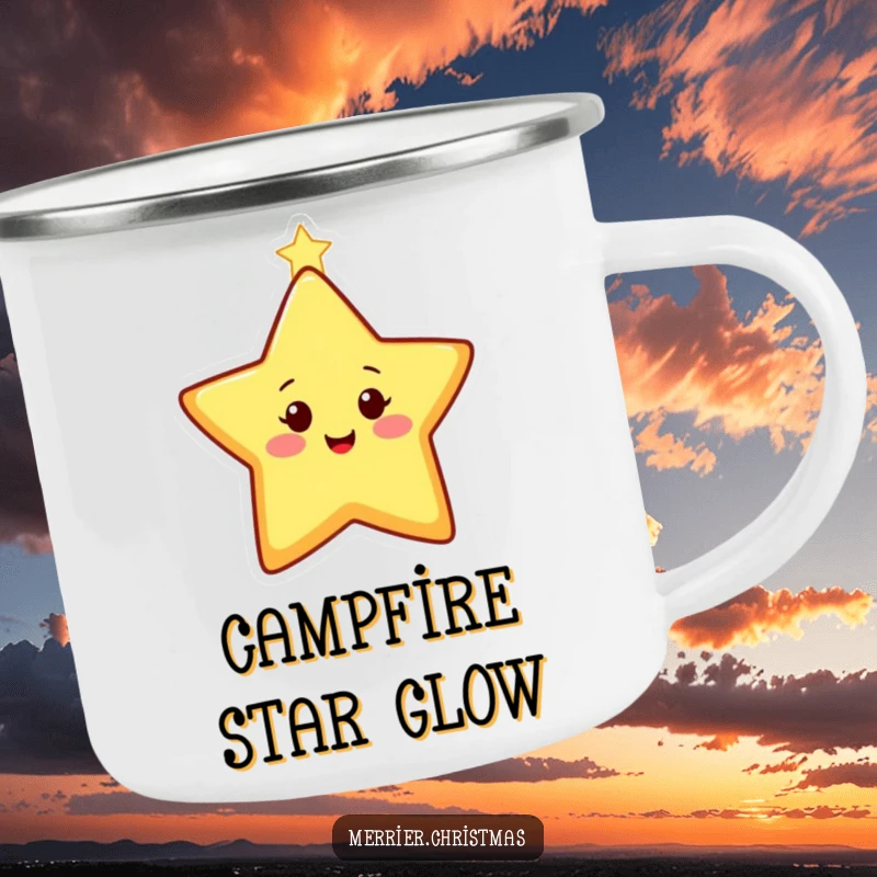 Funny Camping Mug featuring a happy, stylized Christmas star character twinkling brightly, perfect for enjoying drinks outdoors.