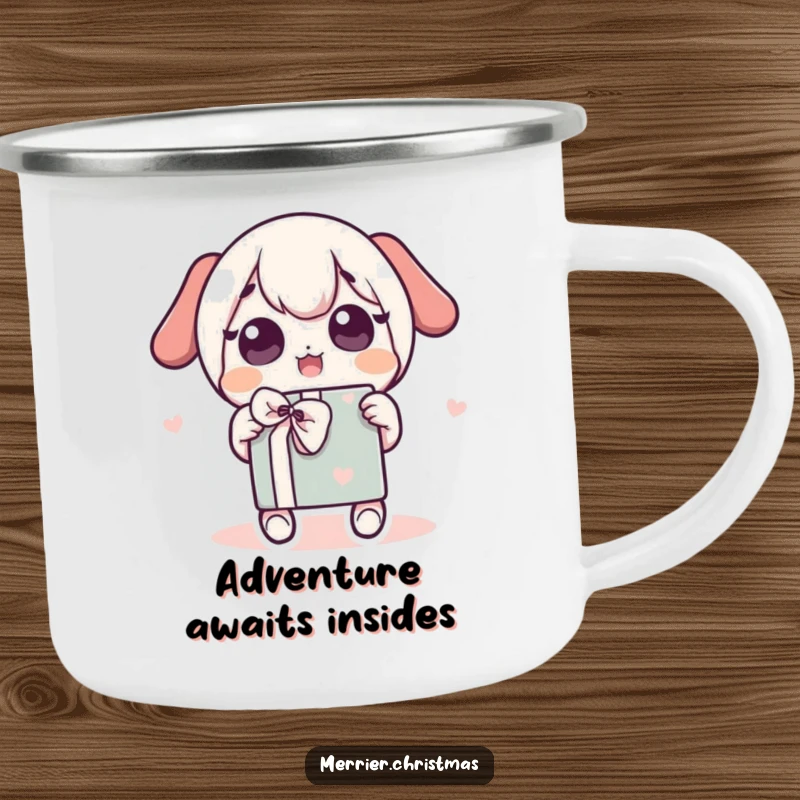 Funny Camping Mug featuring a kawaii character energetically shaking a wrapped gift, eyes wide, ready for outdoor fun.
