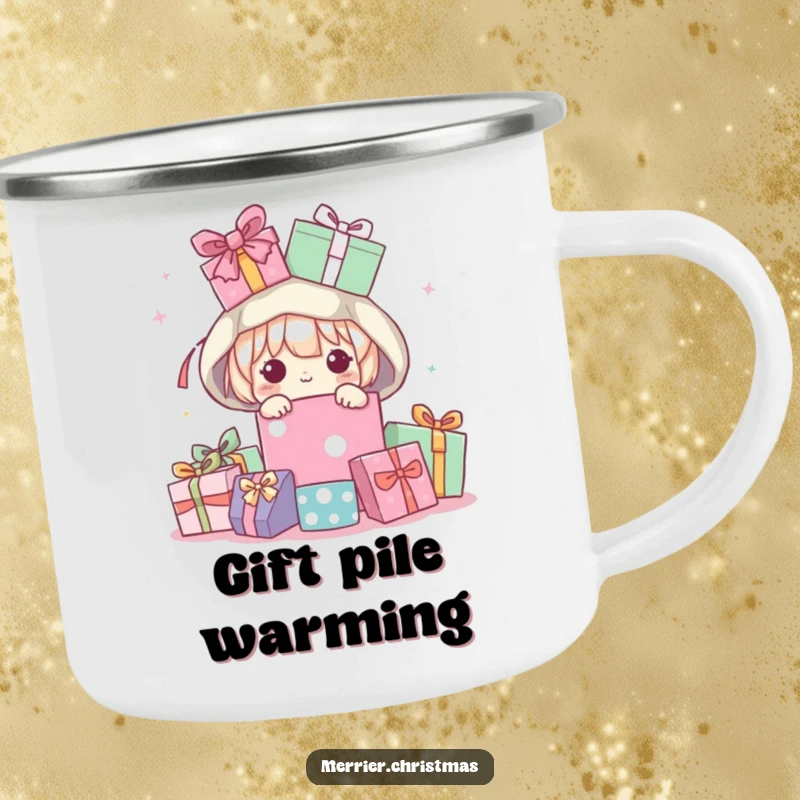 Funny Camping Mug featuring a kawaii character peeking from a pile of presents, ready for outdoor fun and laughter.