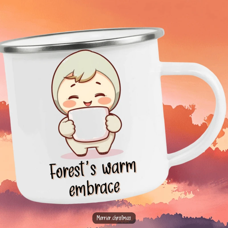 Funny Warm Smile Camping Mug showing a character holding a steaming mug and smiling warmly, ideal for outdoor enthusiasts who love comfort.