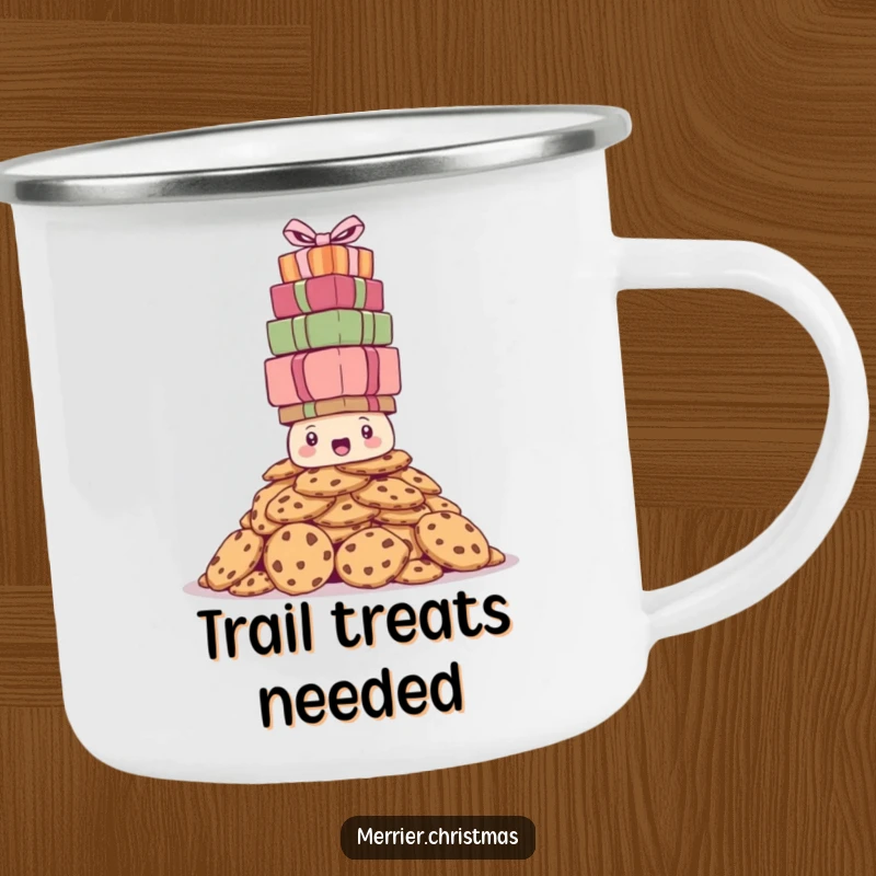 Funny camping mug showing a bewildered pile of cookies precariously balancing a towering stack of Christmas presents, ideal for outdoor adventures.
