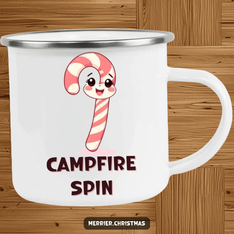 Funny candy cane camping mug, cheerfully spinning, perfect for outdoor holidays and as a funny gift.