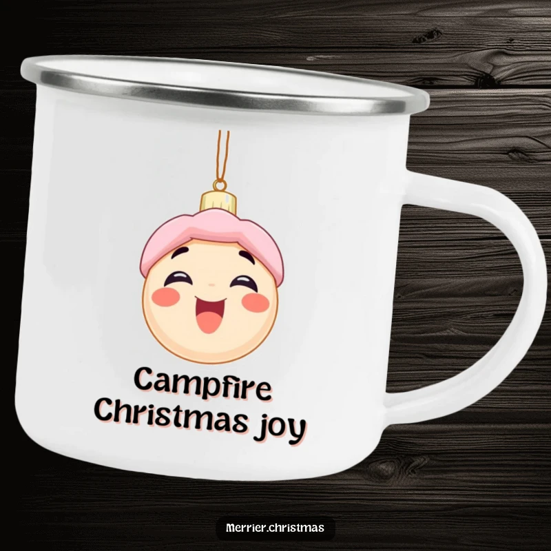 Funny camping mug with an excited Christmas ornament character, perfect for outdoor holiday cheer and humorous drinking.