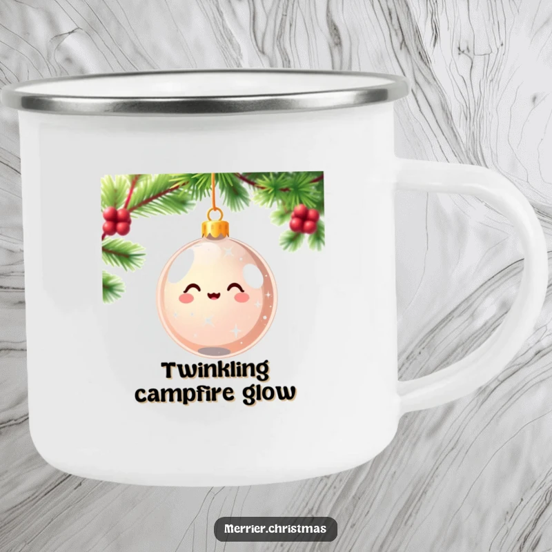 Funny kawaii Christmas ornament camping mug sparkling and spinning with pure delight, perfect for festive and humorous outdoor enjoyment.