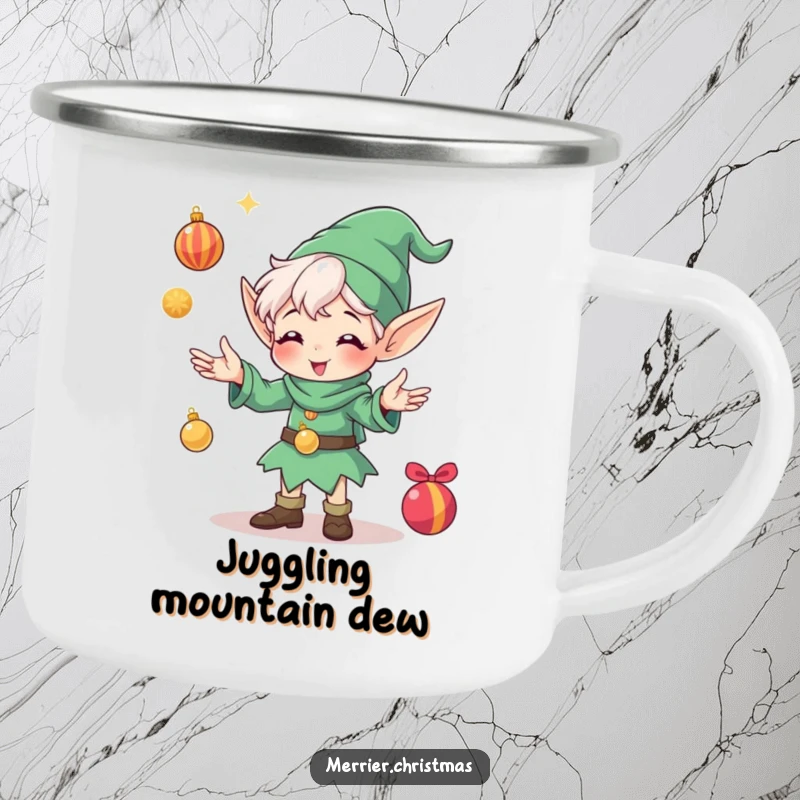 Funny camping mug showing a gleeful elf character juggling shiny Christmas ornaments, bringing holiday cheer to outdoor adventures.