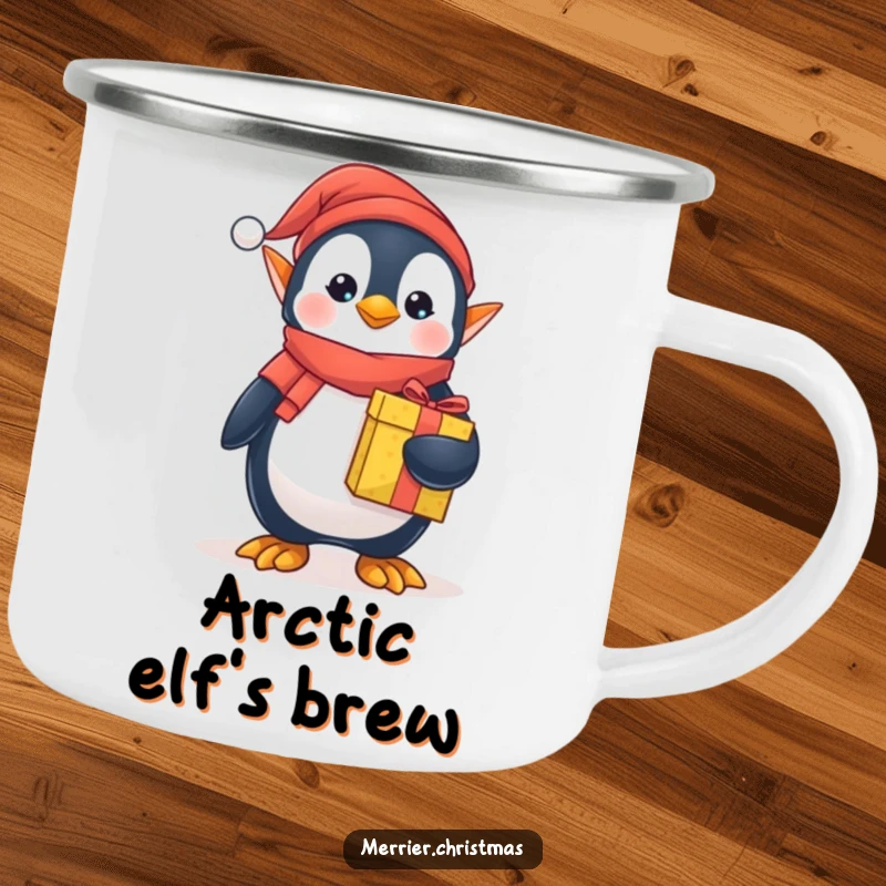 Funny elf penguin camping mug, dressed as an elf, holding a present, perfect for outdoor winter drinks and holiday trips.