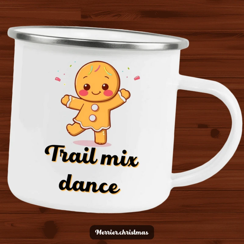Funny Gingerbread Man Camping Mug featuring a character dancing cheerfully, covered in sprinkles, ideal for outdoor use and holiday sweetness.