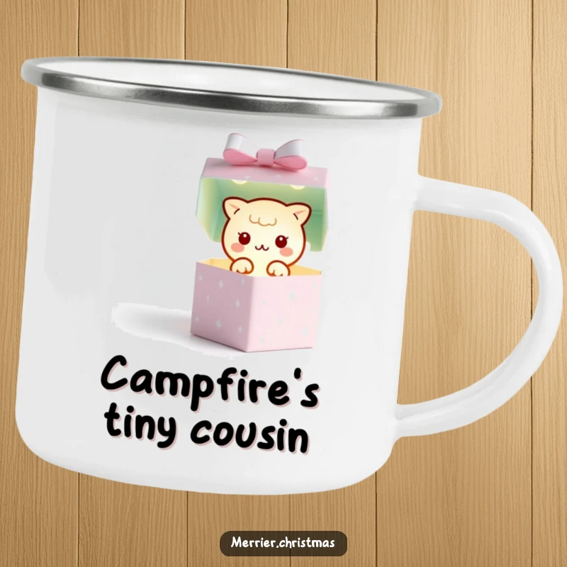 Funny camping mug featuring a kawaii gift box character revealing a twinkling light, perfect for enjoying warm drinks on adventures.