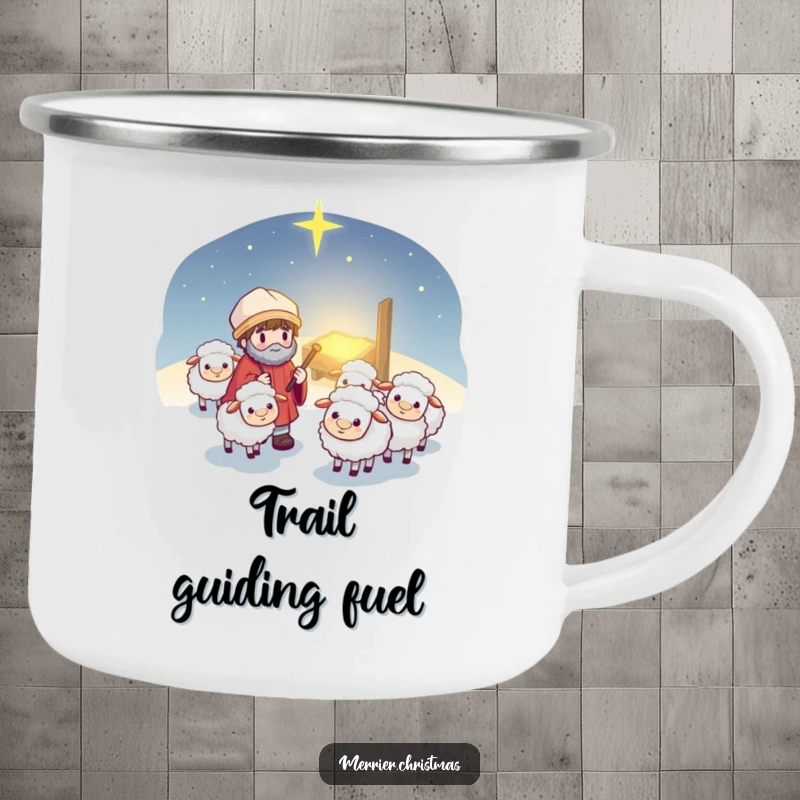 Funny Kawaii Shepherd Camping Mug: Sturdy and cute cartoon shepherd guiding fluffy sheep, perfect for hot or cold drinks in the great outdoors.